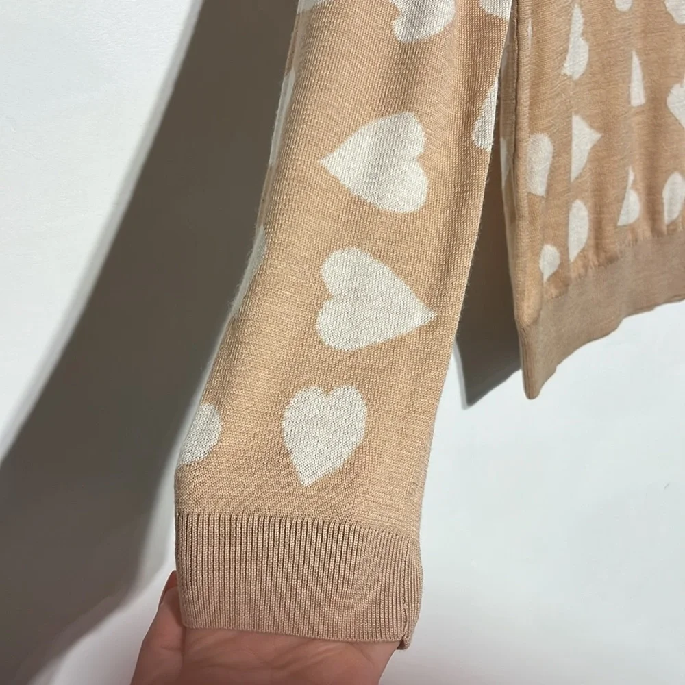 LOFT Nude Blush Pink White Hearts Ribbed Detail Crewneck Sweater Size L - Picture 2 of 9